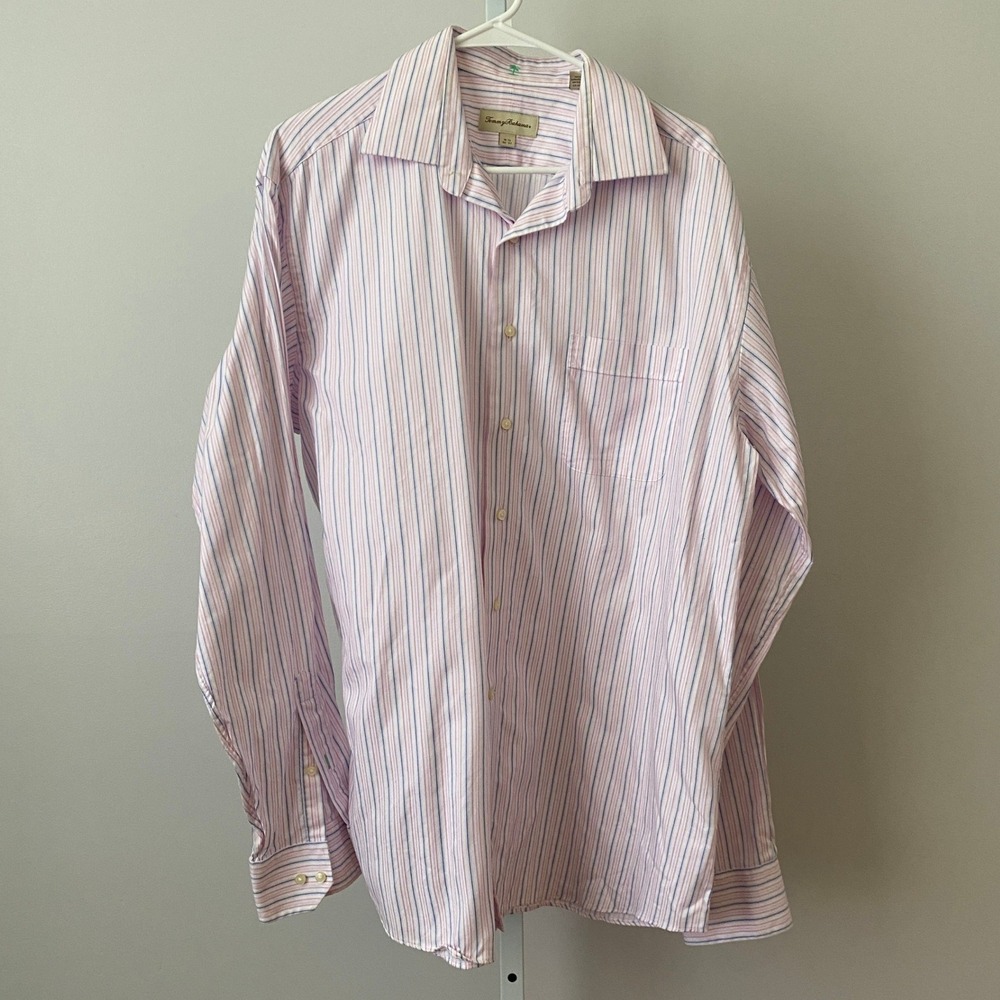 Tommy Bahama 16.5 Pink Blue Striped Button Down Shirt Preppy Cotton Classic‎